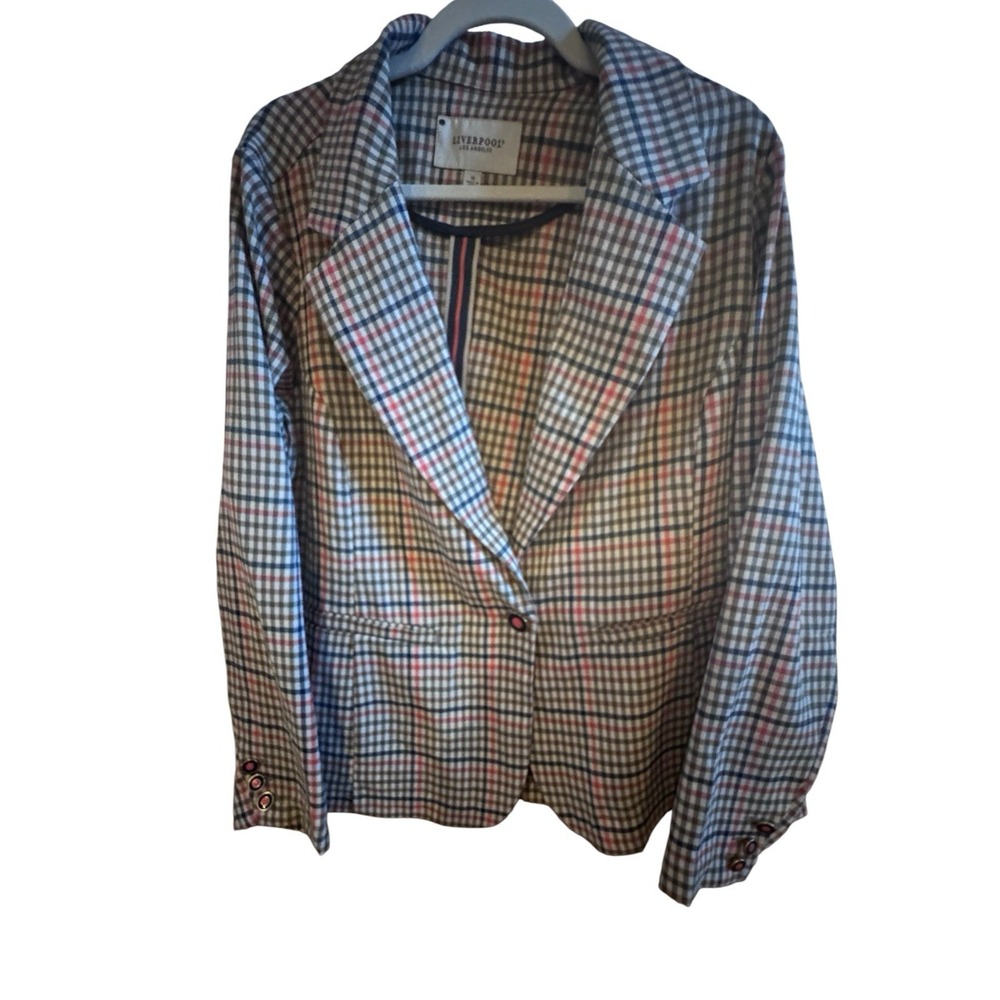 NWT Liverpool Tan Plaid Multi Color Blazer Woman's 1X Notch Collar Modern Sleek